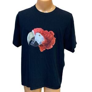 Upcycled Hand Printed Womens XL Red Macaw Parrot Ukraine Artist Fundraiser Tee